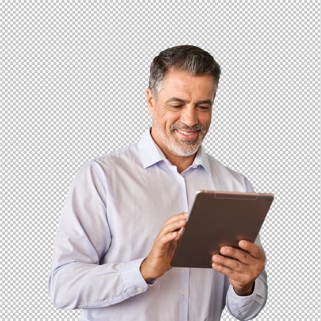 man using a tablet smiling