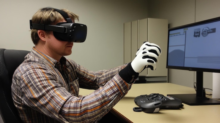 PSD man using virtual reality headset and gloves