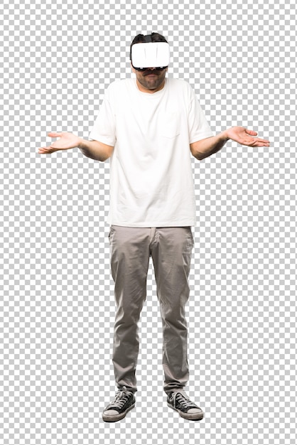 Man using VR glasses making unimportant and doubts gesture