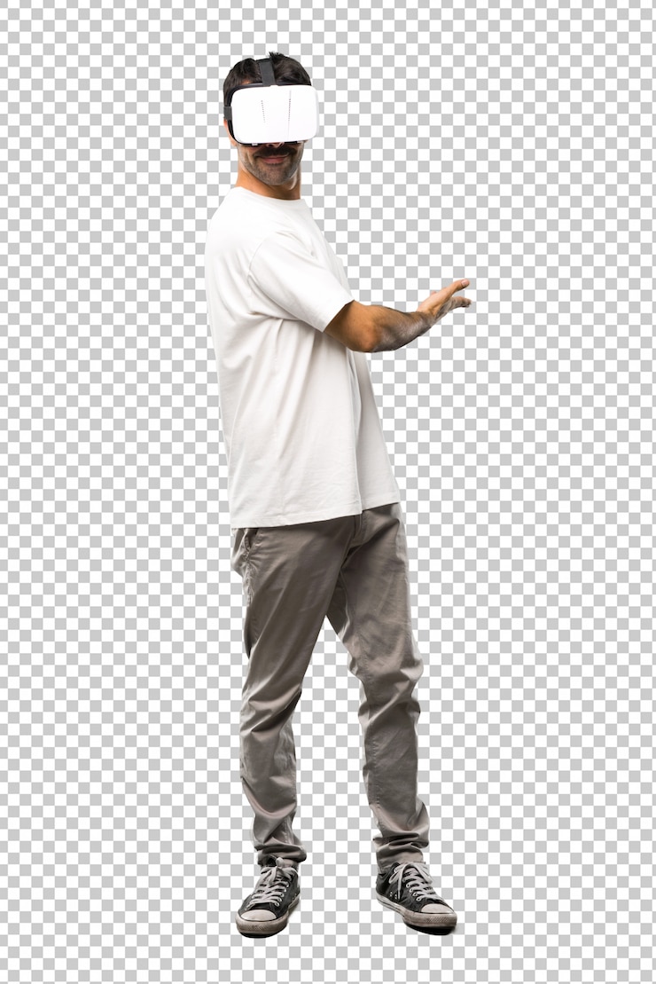 PSD man using vr glasses pointing back 