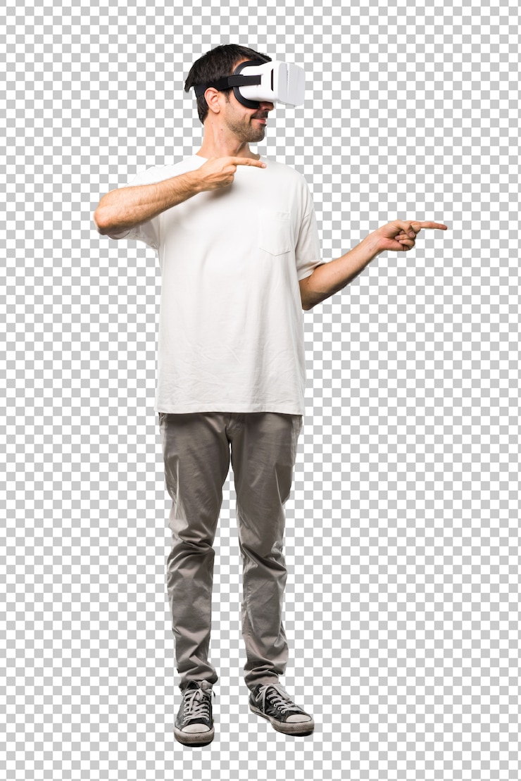 PSD man using vr glasses pointing finger to the side