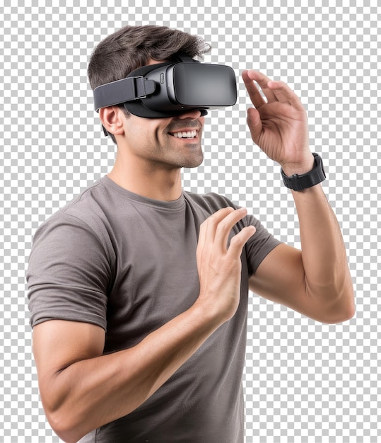 PSD man using vr headset isolated on transparent background