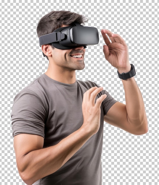 Uomo che utilizza l'auricolare vr isolato su sfondo trasparente