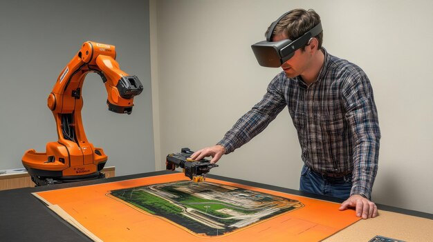 Man using VR with robotic arm for precision work