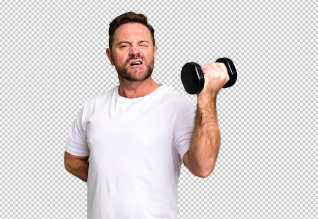 Man van middelbare leeftijd met een dumbbell-fitnessconcept