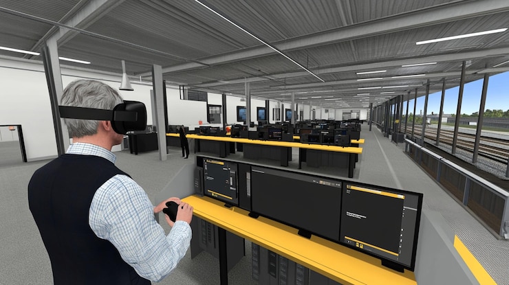 PSD man in vr headset using controllers in a virtual control room simulation