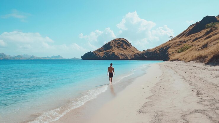 PSD man walking along a pristine beach on a tropical island sunlight illuminates the turquoise water and white sand lush vegetation and mountains create a scenic backdrop