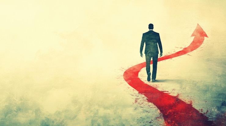 PSD a man walking along a red path towards success
