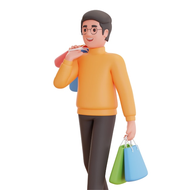 Man walking and holding shopping bags 3d character for online shopping