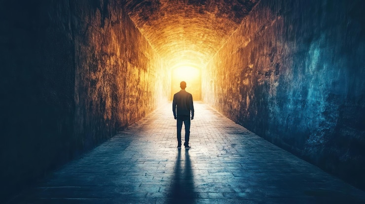 PSD man walking towards the light