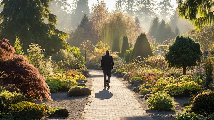 PSD man walks on paved path through sunlit autumn garden