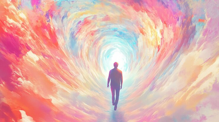 PSD man walks toward bright light at end of swirling colorful clouds