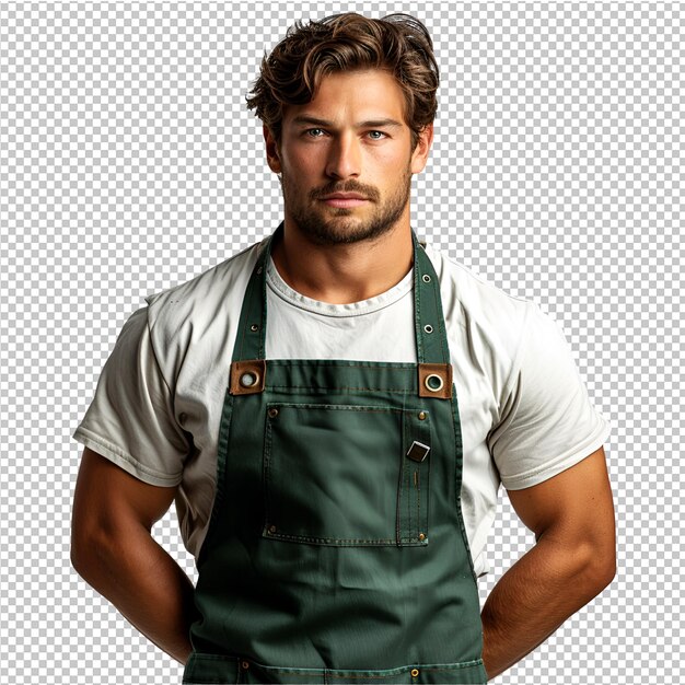 PSD a man wearing an apron that says  hes wearing  on it