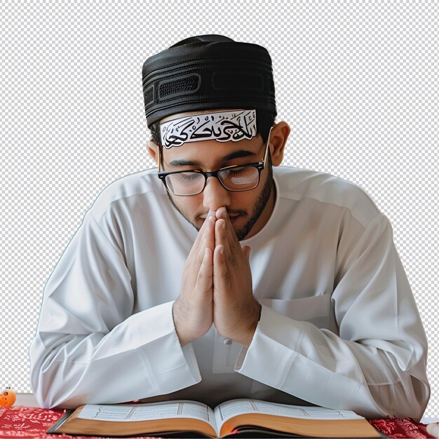 PSD a man wearing a black hat reads a book with the word hijab on it