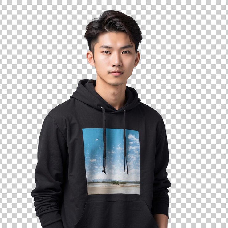 PSD 배의 사진과 함께 검은 후디를 입은 남자