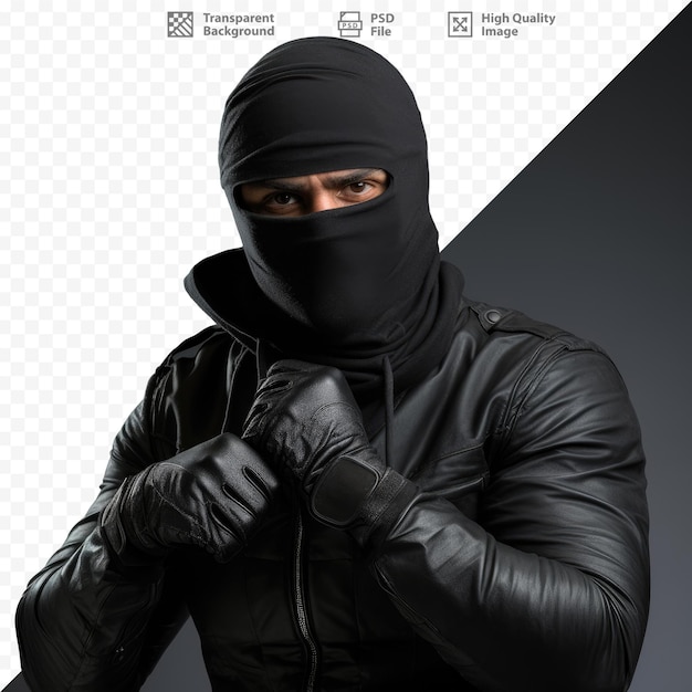 PSD a man wearing a black jacket with a black hood on it