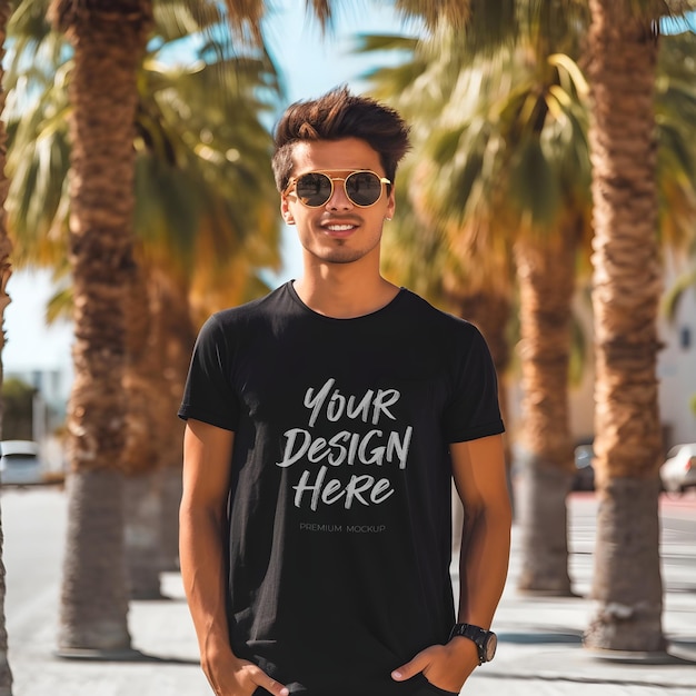 Man wearing black t shirt psd mockup