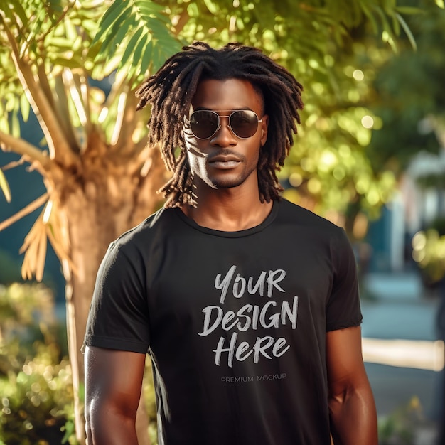 PSD man wearing black t shirt psd mockup