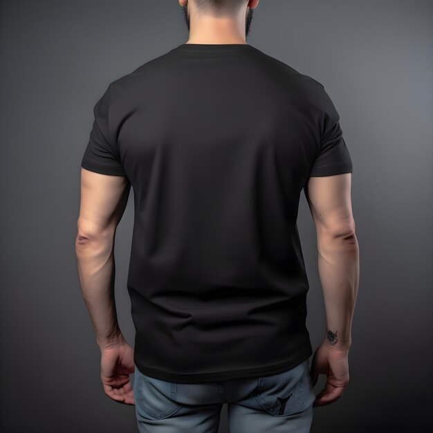 PSD man wearing blank black t shirt mockup front view