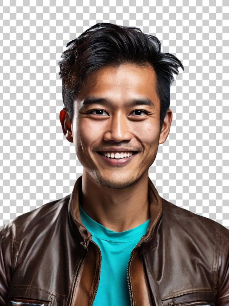 PSD その上に青いシャツを着た茶色の革のジャケットを着た男