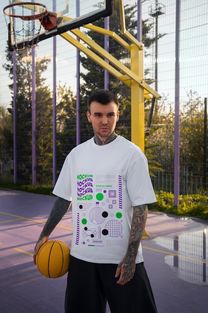 PSD Мужчина в кибер-уличной одежде, макет футболки с городским дизайном на баскетбольной площадке