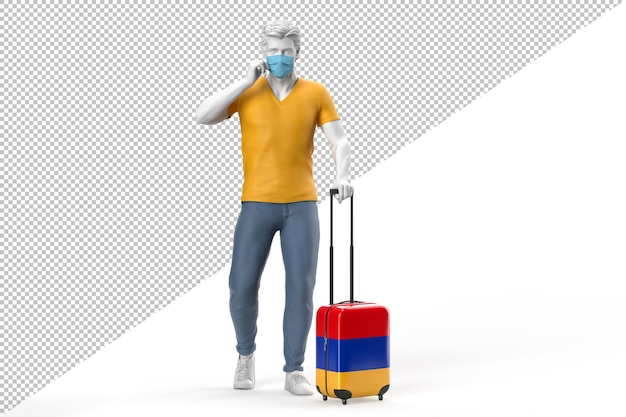 PSD man wearing face mask pulls a suitcase textured with flag of armenia. 3d rendering