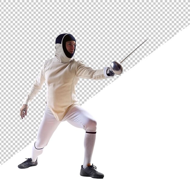 Man wearing fancy suit practicing with sword on transparent background