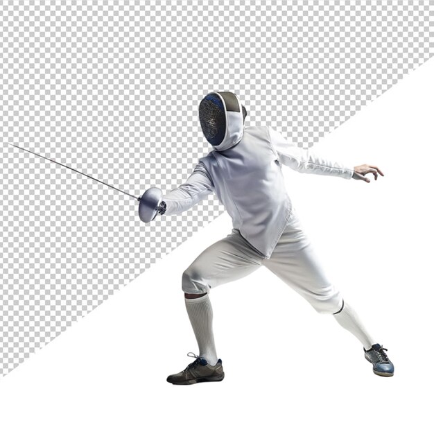 Man wearing fancy suit practicing with sword on transparent background