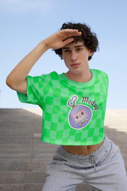 PSD man wearing fashionable crop top mock-up