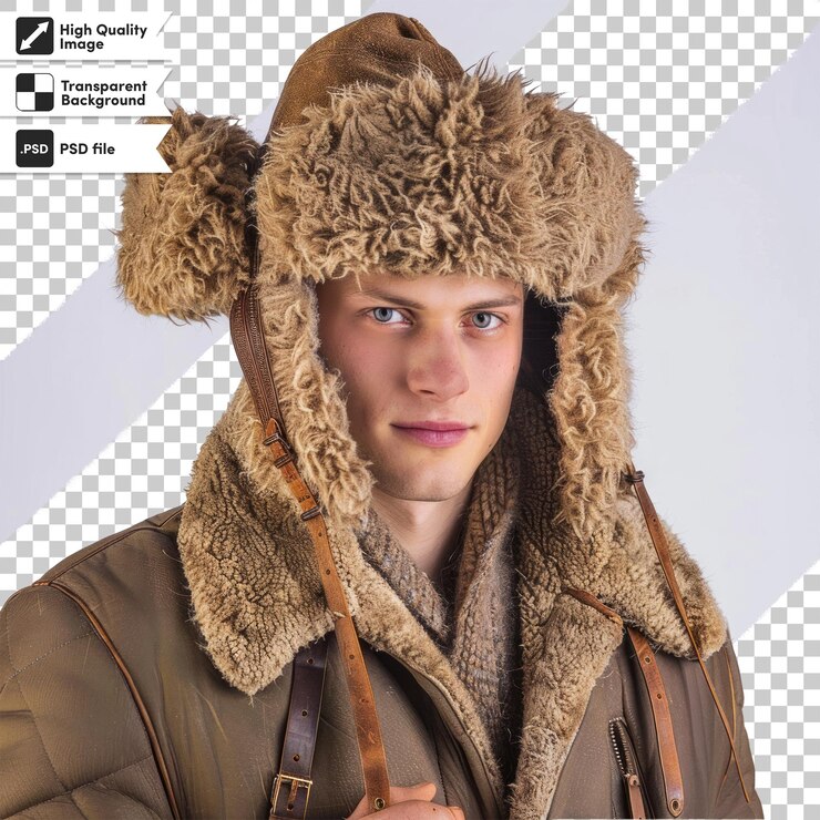 PSD a man wearing a fur hat with the word quot x quot on it