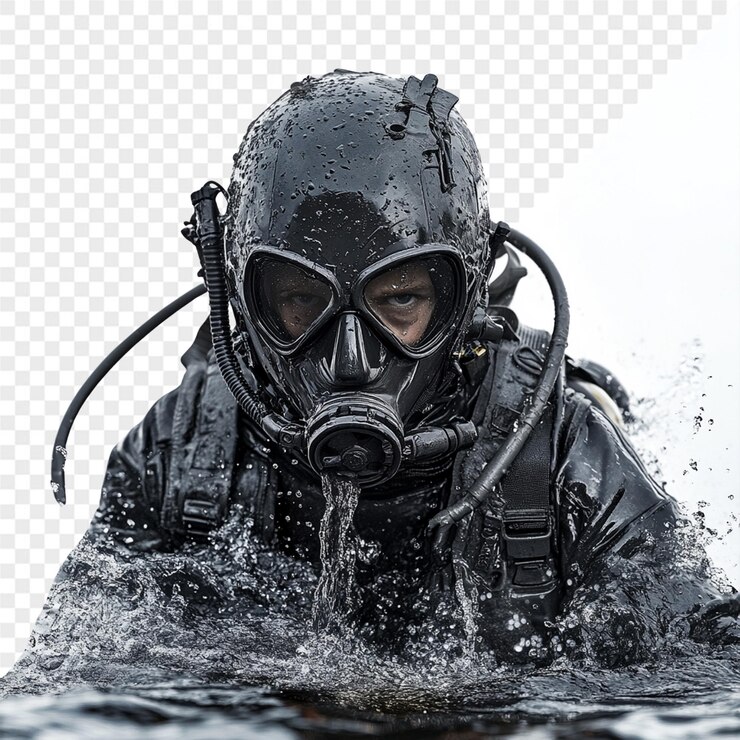 PSD a man wearing a gas mask is in the water