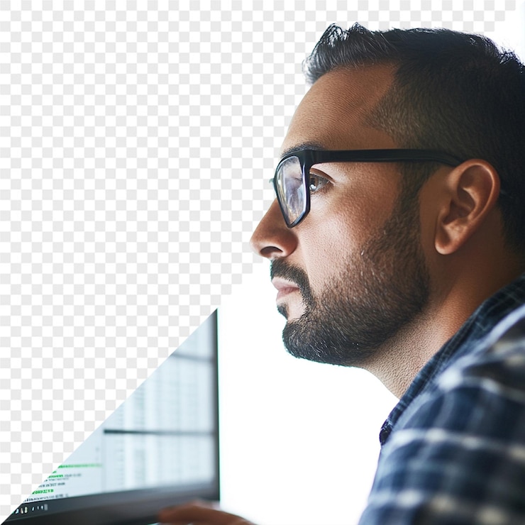 PSD a man wearing glasses is looking at a laptop screen