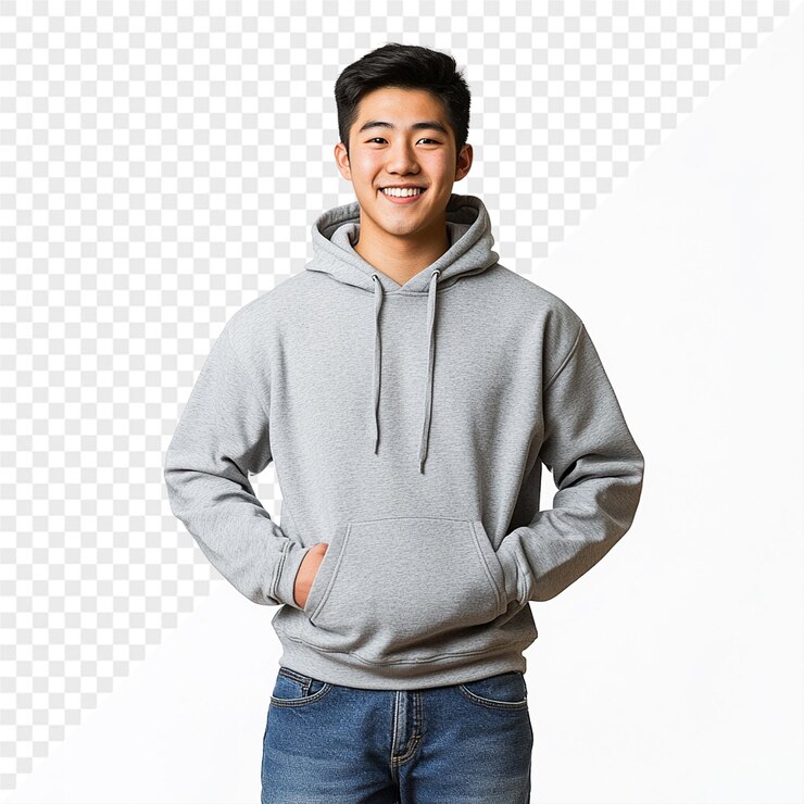PSD a man wearing a gray hoodie with his hands in his pockets