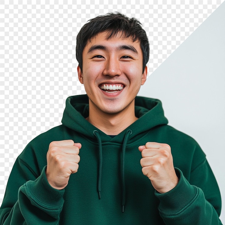 PSD 녹색 후디를 입은 남자가 미소라는 단어를 쓰고 있다