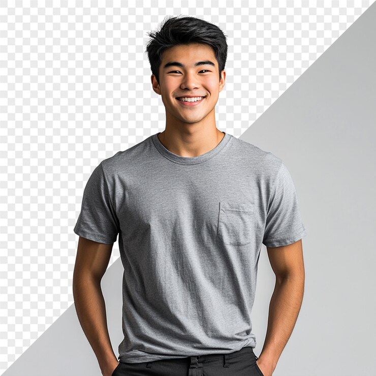PSD a man wearing a grey shirt with the word  s  on it