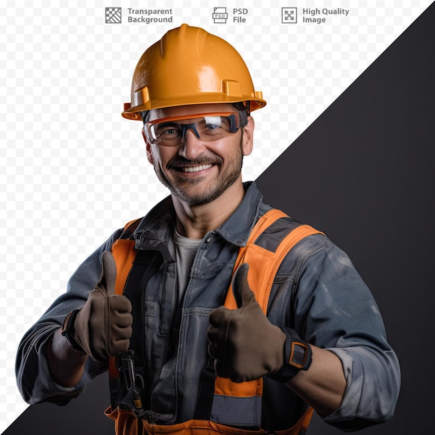 PSD a man wearing a hard hat and orange vest pointing at the camera.