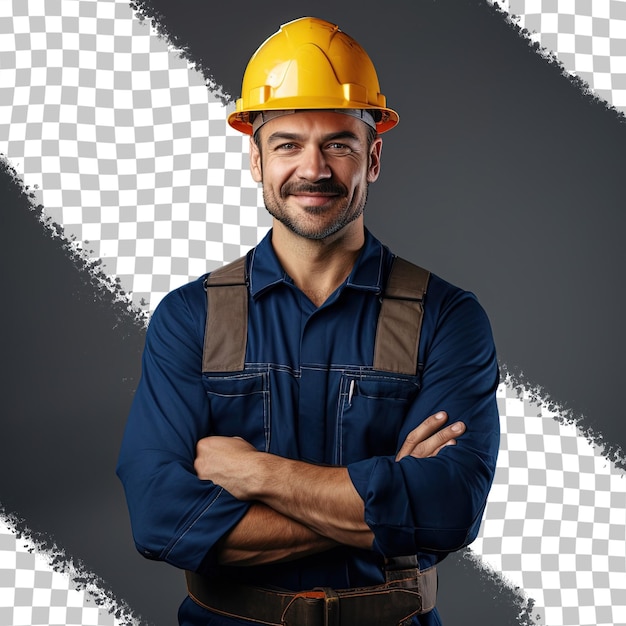 PSD a man wearing a hard hat and wearing a yellow hard hat.