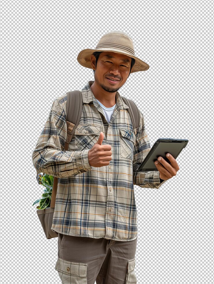 PSD a man wearing a hat and a shirt with a thumb up on his shoulder