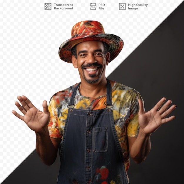 A man wearing a hat and a shirt with the words 