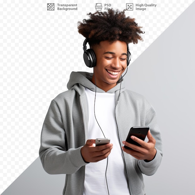 PSD a man wearing headphones and a gray sweatshirt with the words 