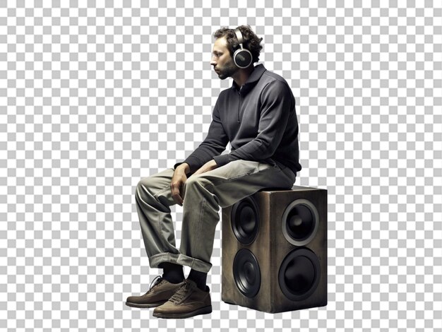 PSD a man wearing headphones sits on a speaker on transparent background