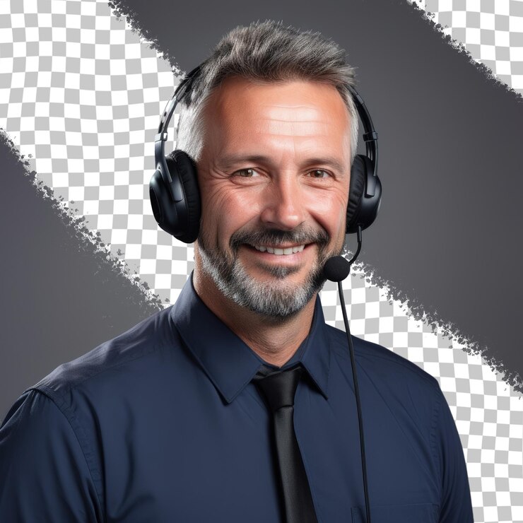 PSD a man wearing headphones with a black tie and a black shirt with the word " on it.