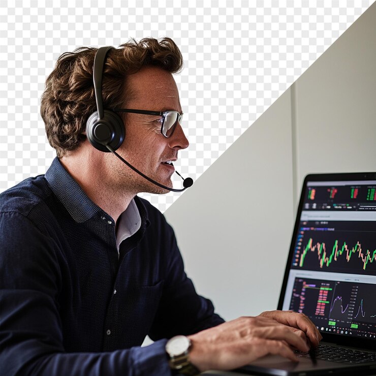 PSD a man wearing a headset is using a laptop with a screen showing a graph