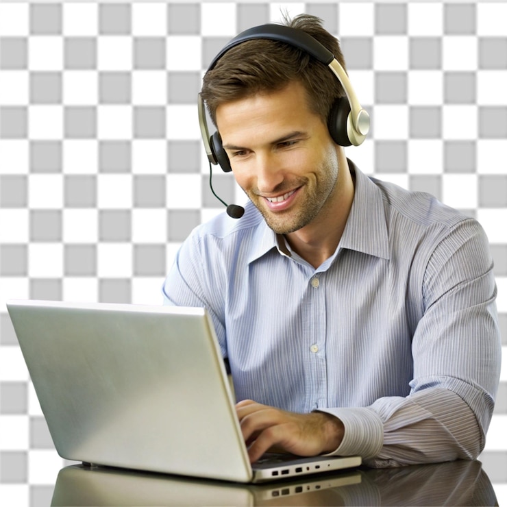 PSD a man wearing a headset while working on a laptop symbolizing technology and productivity