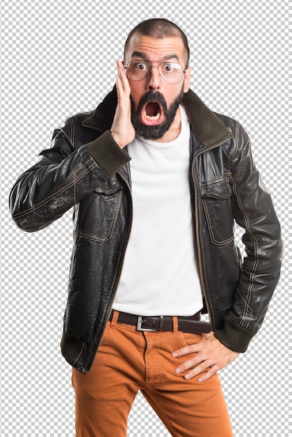 PSD man wearing a leather jacket doing surprise gesture