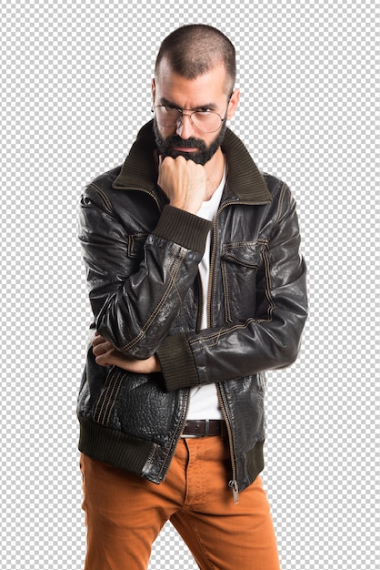 PSD man wearing a leather jacket thinking