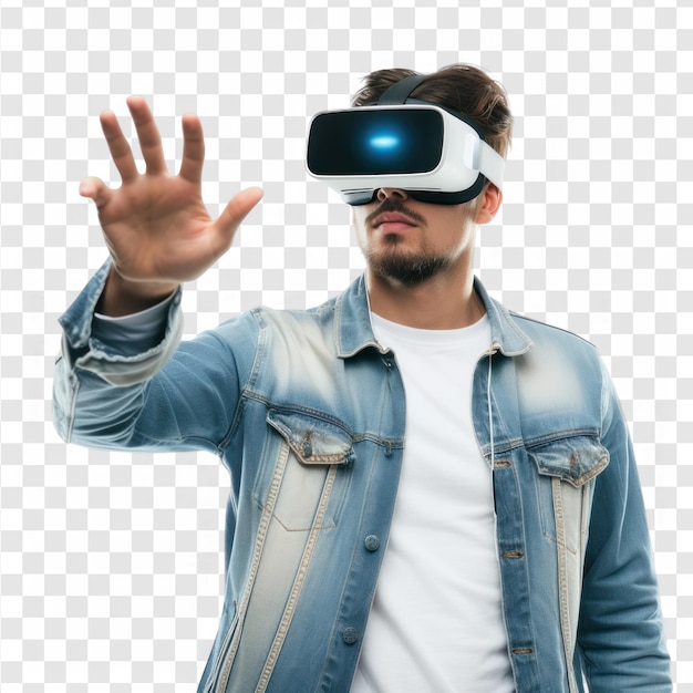 PSD man wearing modern vr vision headset half body with hand gesture on transparency background psd