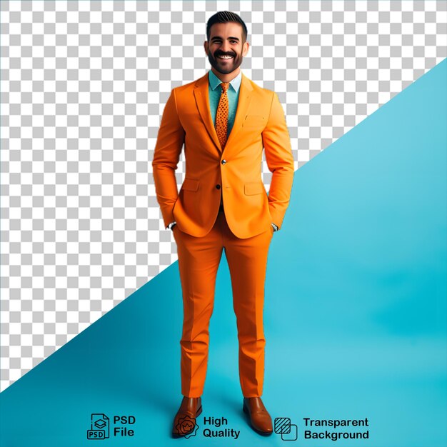 Человек в оранжевом деловом костюме изолирован на прозрачном фоне.