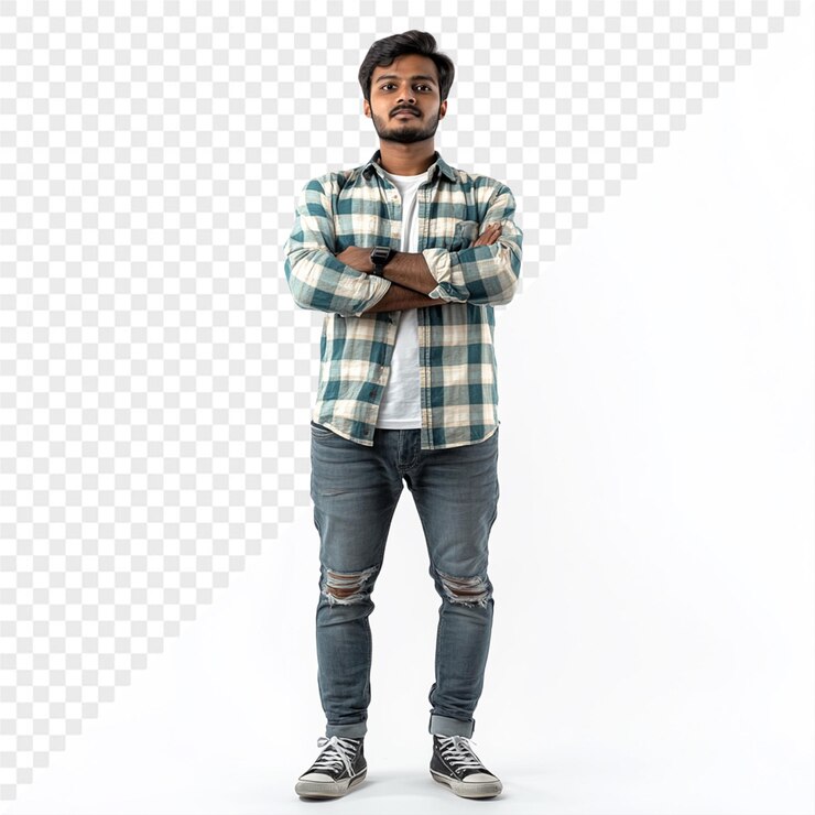 PSD a man wearing a plaid shirt stands in front of a white background