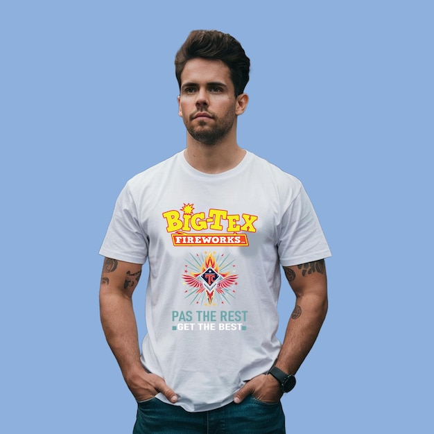 a man wearing a shirt that says big deal on it